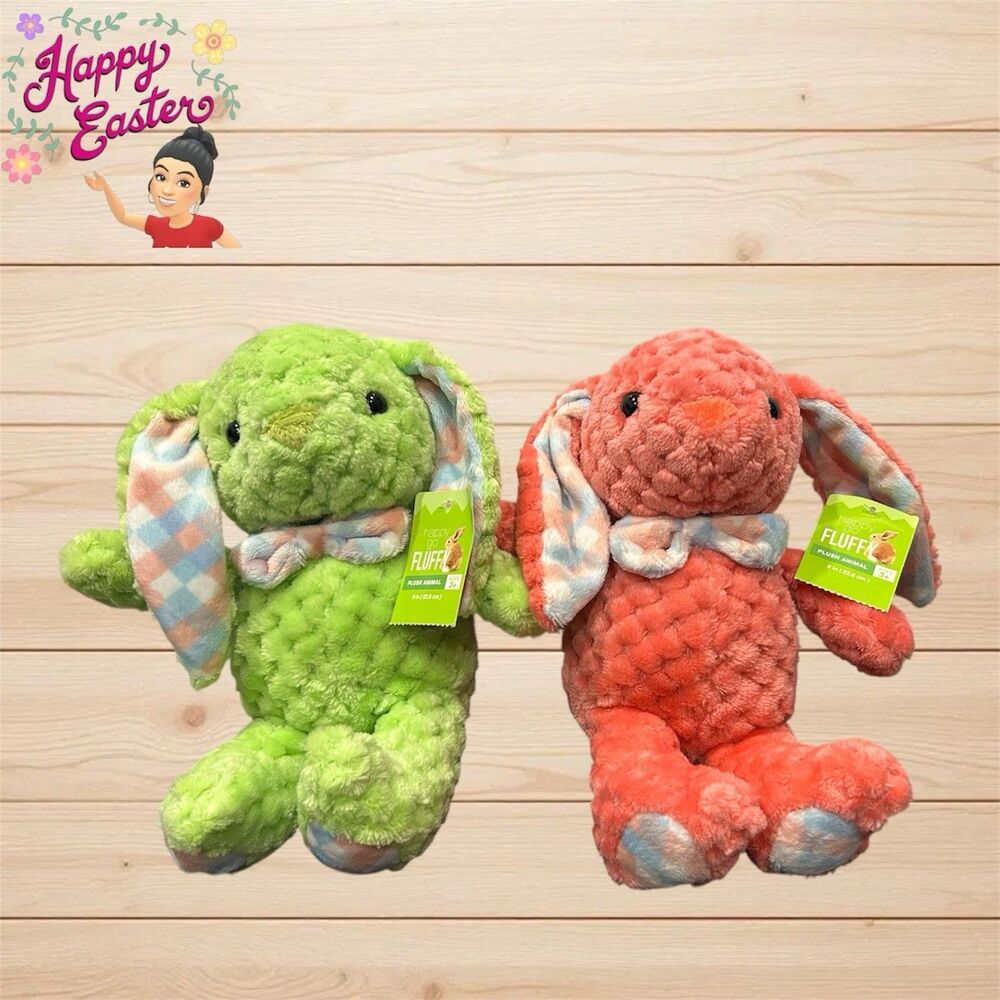 2x Kellytoy Easter Bunny Plush Green Pink Checkered Stuffed Animal 9"